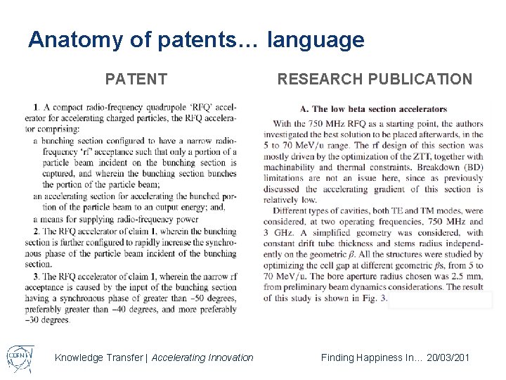 Anatomy of patents… language PATENT Knowledge Transfer | Accelerating Innovation RESEARCH PUBLICATION Finding Happiness