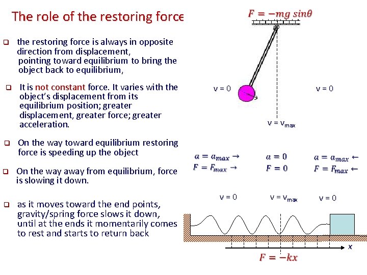  The role of the restoring force q q q the restoring force is