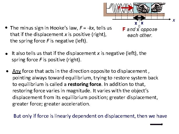 F The minus sign in Hooke’s law, F = -kx, tells us that if