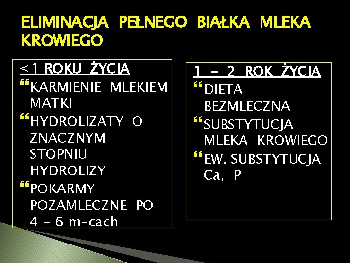 ELIMINACJA PEŁNEGO BIAŁKA MLEKA KROWIEGO < 1 ROKU ŻYCIA KARMIENIE MLEKIEM MATKI HYDROLIZATY O