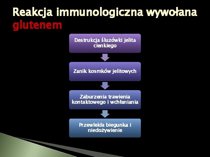 Reakcja immunologiczna wywołana glutenem Destrukcja śluzówki jelita cienkiego Zanik kosmków jelitowych Zaburzenia trawienia kontaktowego