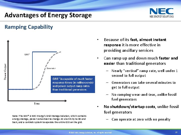 Advantages of Energy Storage Ramping Capability • Because of its fast, almost instant response