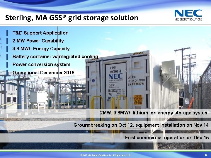 Sterling, MA GSS® grid storage solution ▐ T&D Support Application ▐ 2 MW Power