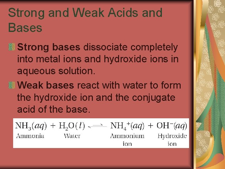 19. 3 Strong and Weak Acids and Bases Strong bases dissociate completely into metal