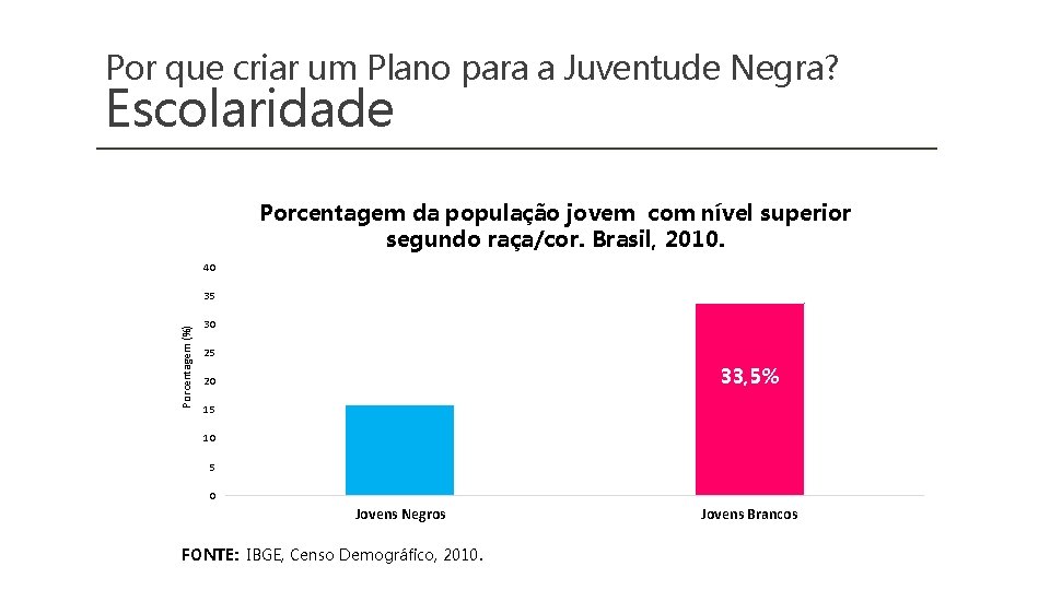 Por que criar um Plano para a Juventude Negra? Escolaridade Porcentagem da população jovem