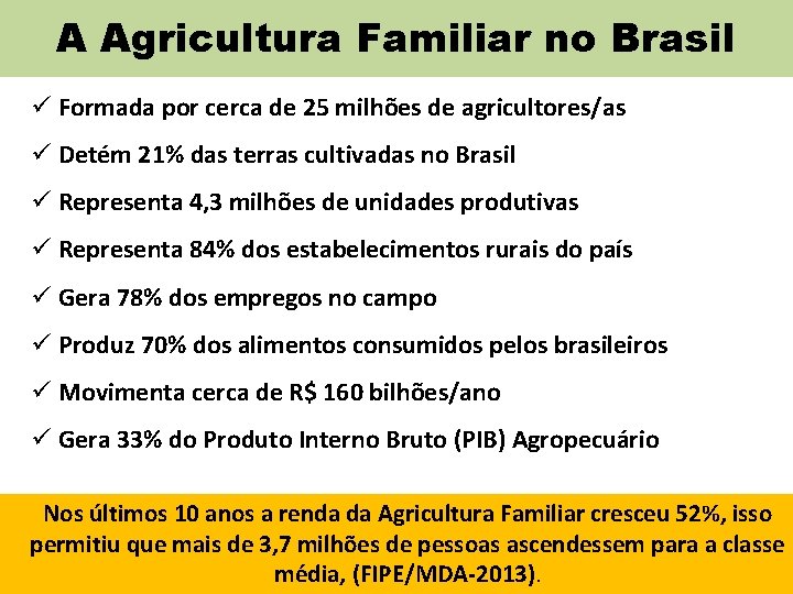 A Agricultura Familiar no Brasil Formada por cerca de 25 milhões de agricultores/as Detém