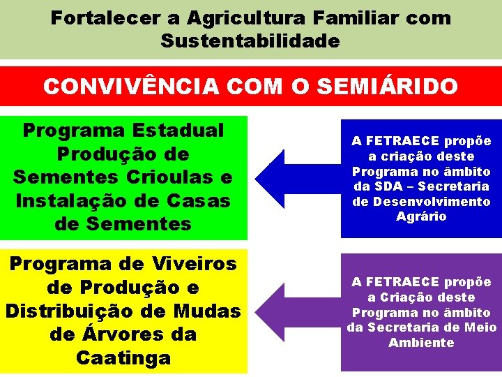 Fortalecer a Agricultura Familiar com Sustentabilidade CONVIVÊNCIA COM O SEMIÁRIDO Programa Estadual Produção de