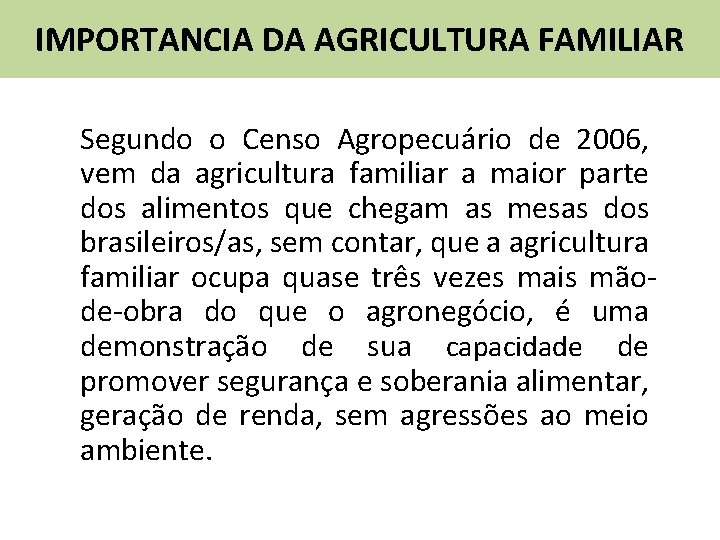 IMPORTANCIA DA AGRICULTURA FAMILIAR Segundo o Censo Agropecuário de 2006, vem da agricultura familiar