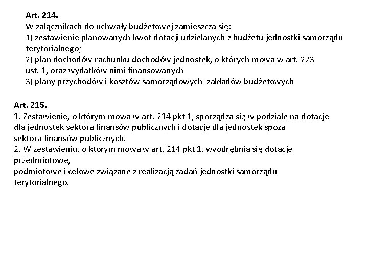 Art. 214. W załącznikach do uchwały budżetowej zamieszcza się: 1) zestawienie planowanych kwot dotacji