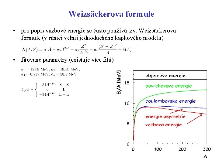 Weizsäckerova formule • pro popis vazbové energie se často používá tzv. Weizsäckerova formule (v Weizsäckerova formule • pro popis vazbové energie se často používá tzv. Weizsäckerova formule (v