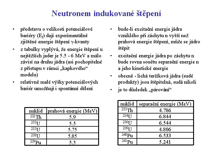 Neutronem indukované štěpení • • • představu o velikosti potenciálové bariéry (Ef) dají experimentálně Neutronem indukované štěpení • • • představu o velikosti potenciálové bariéry (Ef) dají experimentálně
