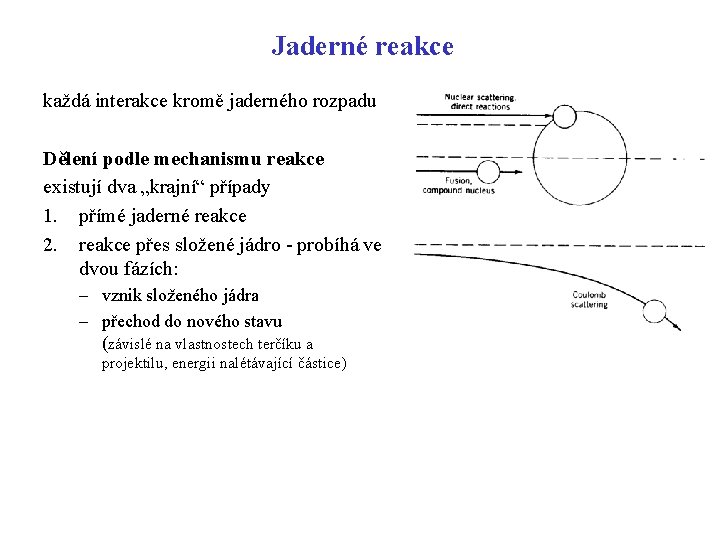 Jaderné reakce každá interakce kromě jaderného rozpadu Dělení podle mechanismu reakce existují dva „krajní“ Jaderné reakce každá interakce kromě jaderného rozpadu Dělení podle mechanismu reakce existují dva „krajní“