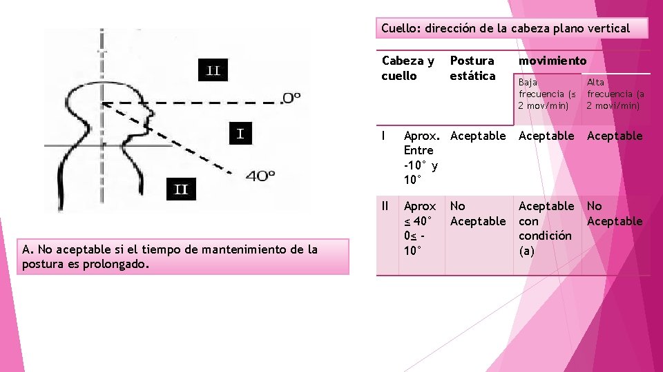 Cuello: dirección de la cabeza plano vertical Cabeza y cuello A. No aceptable si