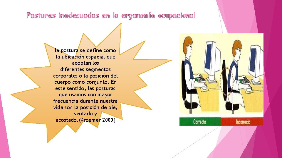 Posturas inadecuadas en la ergonomía ocupacional la postura se define como la ubicación espacial