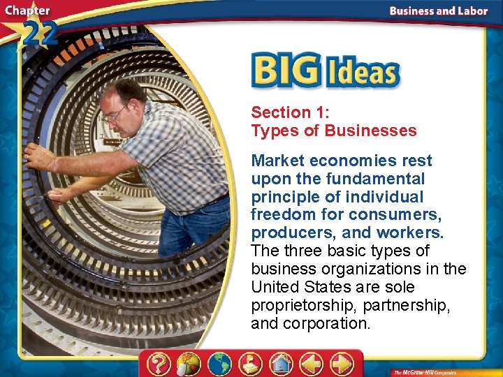 Section 1: Types of Businesses Market economies rest upon the fundamental principle of individual