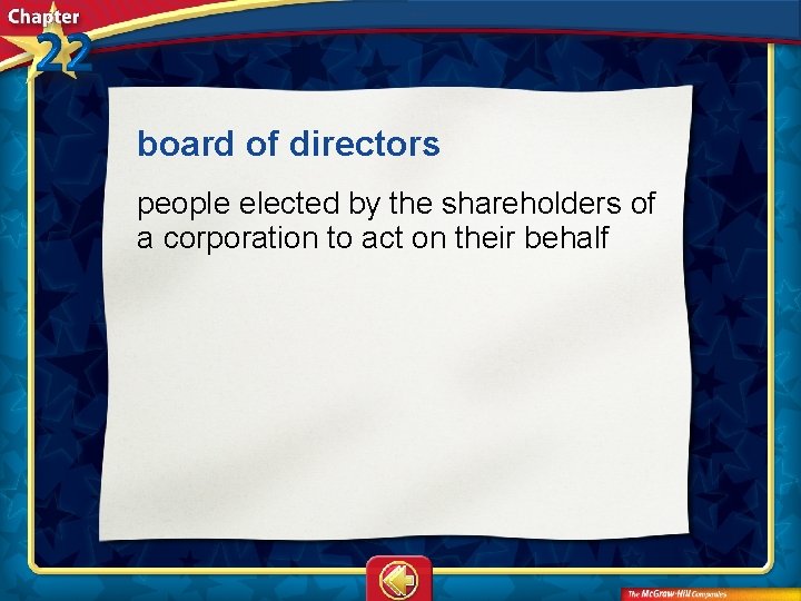 board of directors  people elected by the shareholders of a corporation to act on