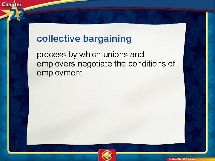 collective bargaining  process by which unions and employers negotiate the conditions of employment 