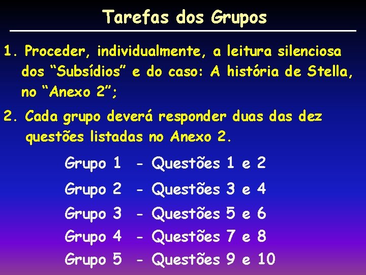 Tarefas dos Grupos 1. Proceder, individualmente, a leitura silenciosa dos “Subsídios” e do caso: