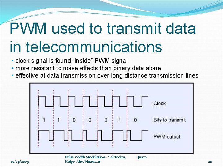 PWM used to transmit data in telecommunications • clock signal is found “inside” PWM