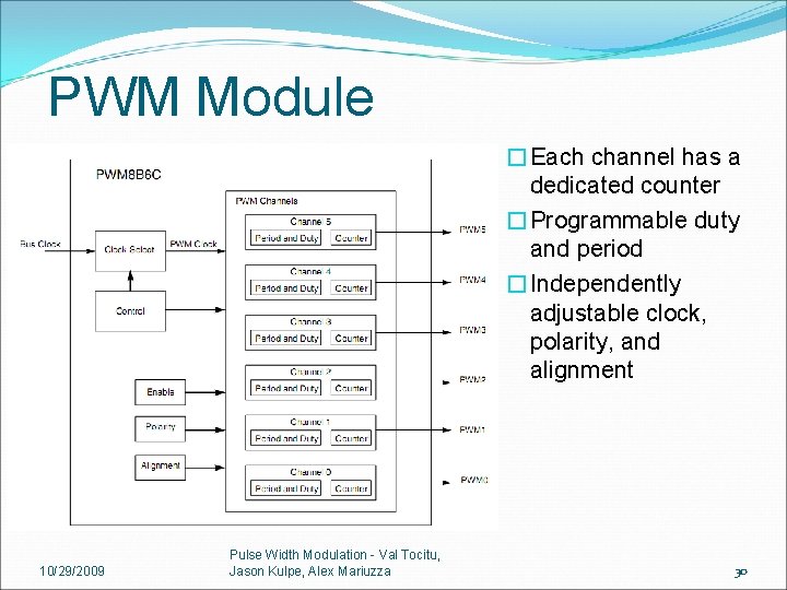 PWM Module �Each channel has a dedicated counter �Programmable duty and period �Independently adjustable