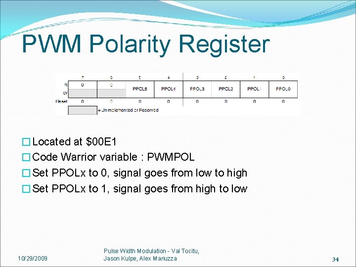 PWM Polarity Register �Located at $00 E 1 �Code Warrior variable : PWMPOL �Set