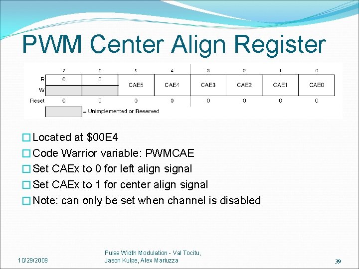 PWM Center Align Register �Located at $00 E 4 �Code Warrior variable: PWMCAE �Set