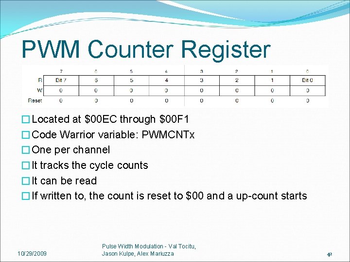 PWM Counter Register �Located at $00 EC through $00 F 1 �Code Warrior variable: