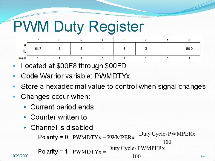 PWM Duty Register • • Located at $00 F 8 through $00 FD Code