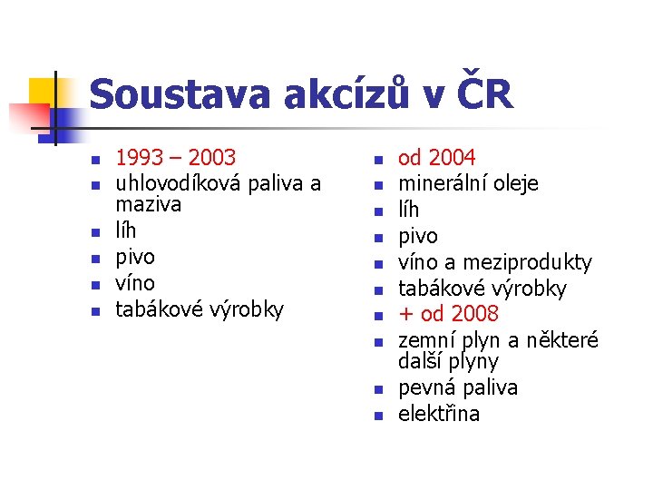 Soustava akcízů v ČR n n n 1993 – 2003 uhlovodíková paliva a maziva