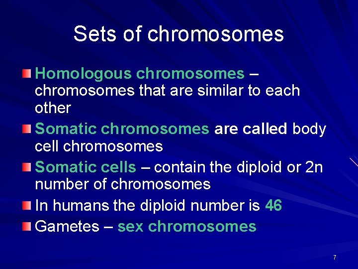Sets of chromosomes Homologous chromosomes – chromosomes that are similar to each other Somatic