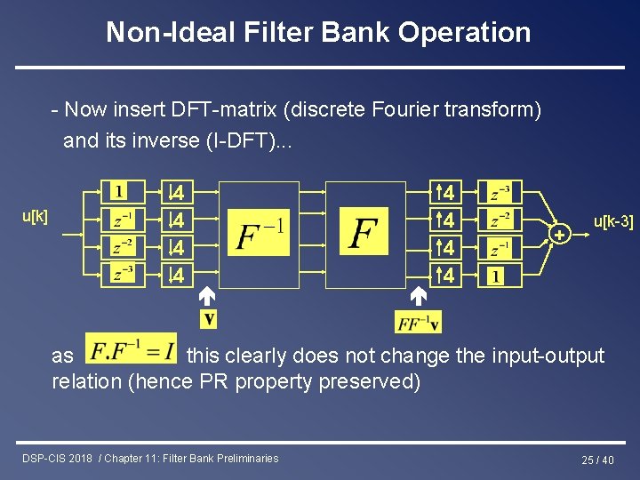 Non-Ideal Filter Bank Operation - Now insert DFT-matrix (discrete Fourier transform) and its inverse