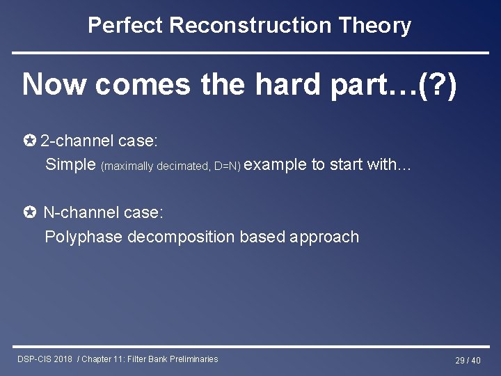 Perfect Reconstruction Theory Now comes the hard part…(? ) ✪ 2 -channel case: Simple