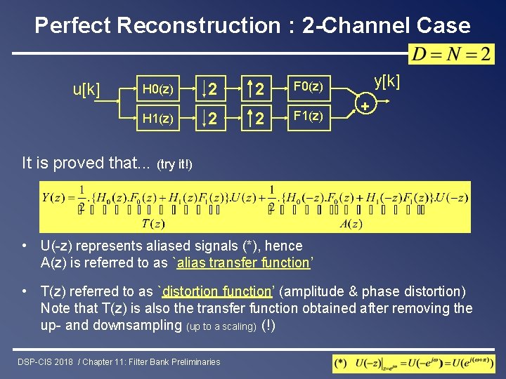 Perfect Reconstruction : 2 -Channel Case u[k] H 0(z) H 1(z) It is proved