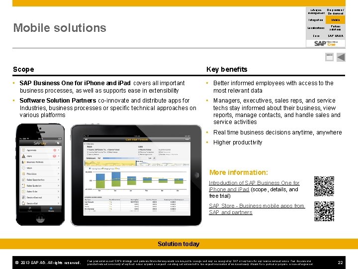 On-premise / Lifecycle management On-demand Mobile solutions Integration Mobile Localizations Partner solutions Core SAP