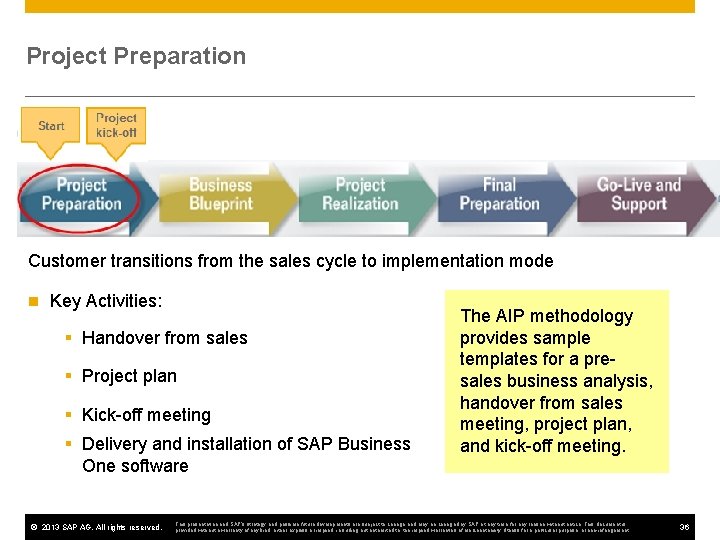 Project Preparation Customer transitions from the sales cycle to implementation mode n Key Activities: