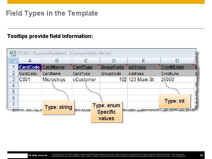 Field Types in the Template Tooltips provide field information: Type: string © 2013 SAP
