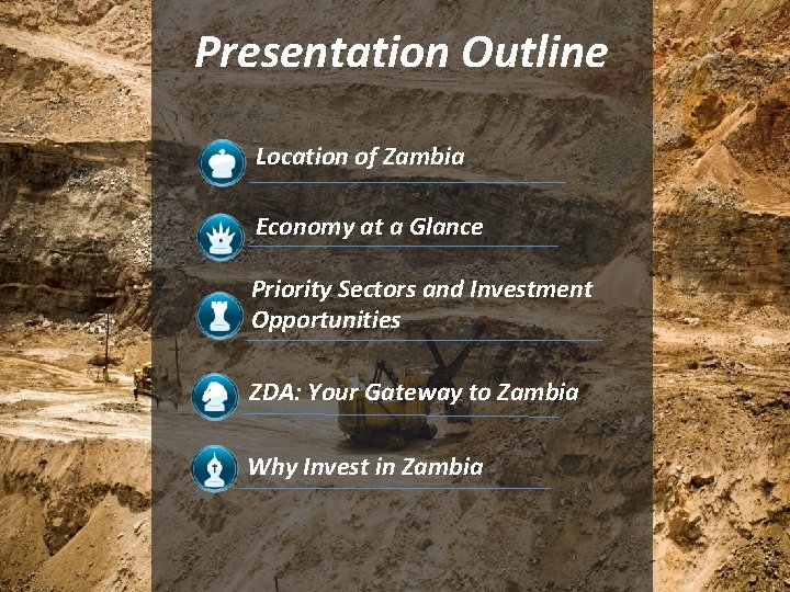 Presentation Outline Location of Zambia Economy at a Glance Priority Sectors and Investment Opportunities