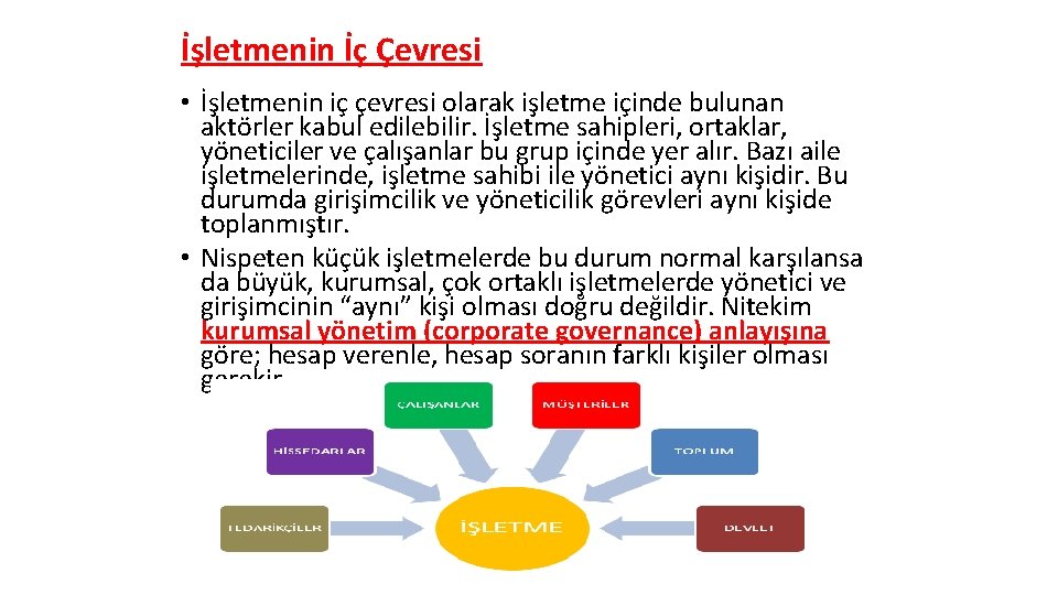 İşletmenin İç Çevresi • İşletmenin iç çevresi olarak işletme içinde bulunan aktörler kabul edilebilir.