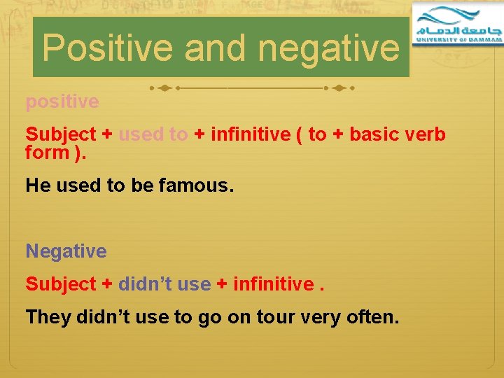 Positive and negative positive Subject + used to + infinitive ( to + basic