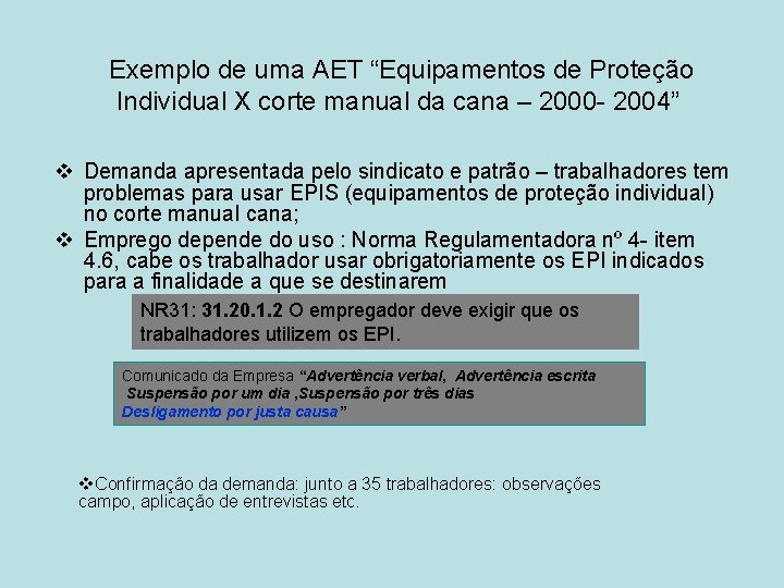 Exemplo de uma AET “Equipamentos de Proteção Individual X corte manual da cana –