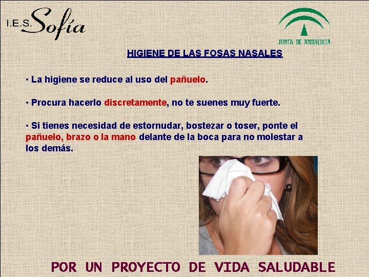 HIGIENE DE LAS FOSAS NASALES • La higiene se reduce al uso del pañuelo.