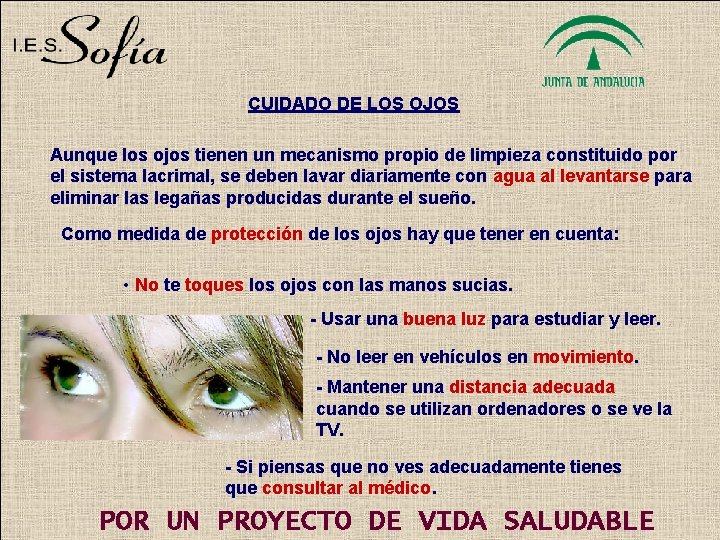 CUIDADO DE LOS OJOS Aunque los ojos tienen un mecanismo propio de limpieza constituido