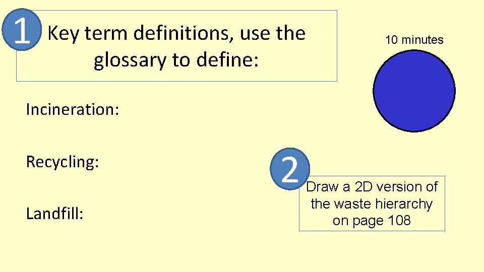 1 Key term definitions, use the glossary to define: 10 minutes Incineration: Recycling: Landfill: