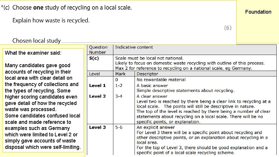 Foundation What the examiner said: Many candidates gave good accounts of recycling in their