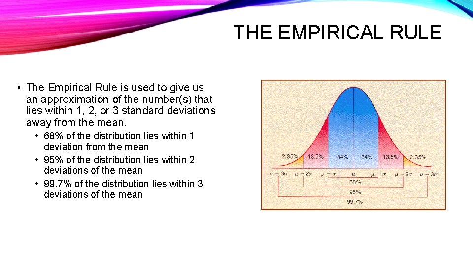 THE EMPIRICAL RULE • The Empirical Rule is used to give us an approximation