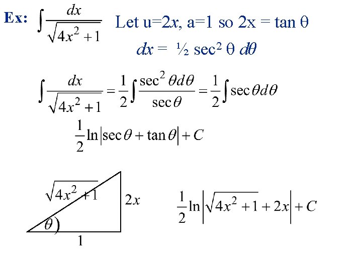 Ex: Let u=2 x, a=1 so 2 x = tan θ dx = ½