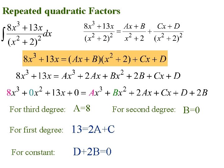 Repeated quadratic Factors For third degree: A=8 For second degree: B=0 For first degree: