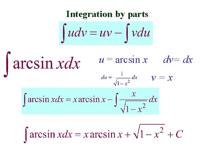 Integration by parts u = arcsin x dv= dx v=x 