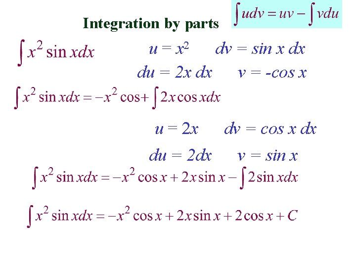 Integration by parts u = x 2 dv = sin x dx du =