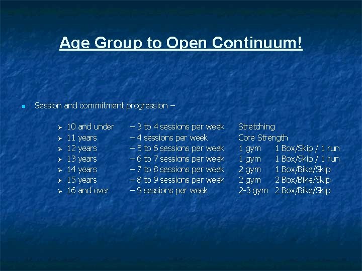 Age Group to Open Continuum! n Session and commitment progression – Ø Ø Ø